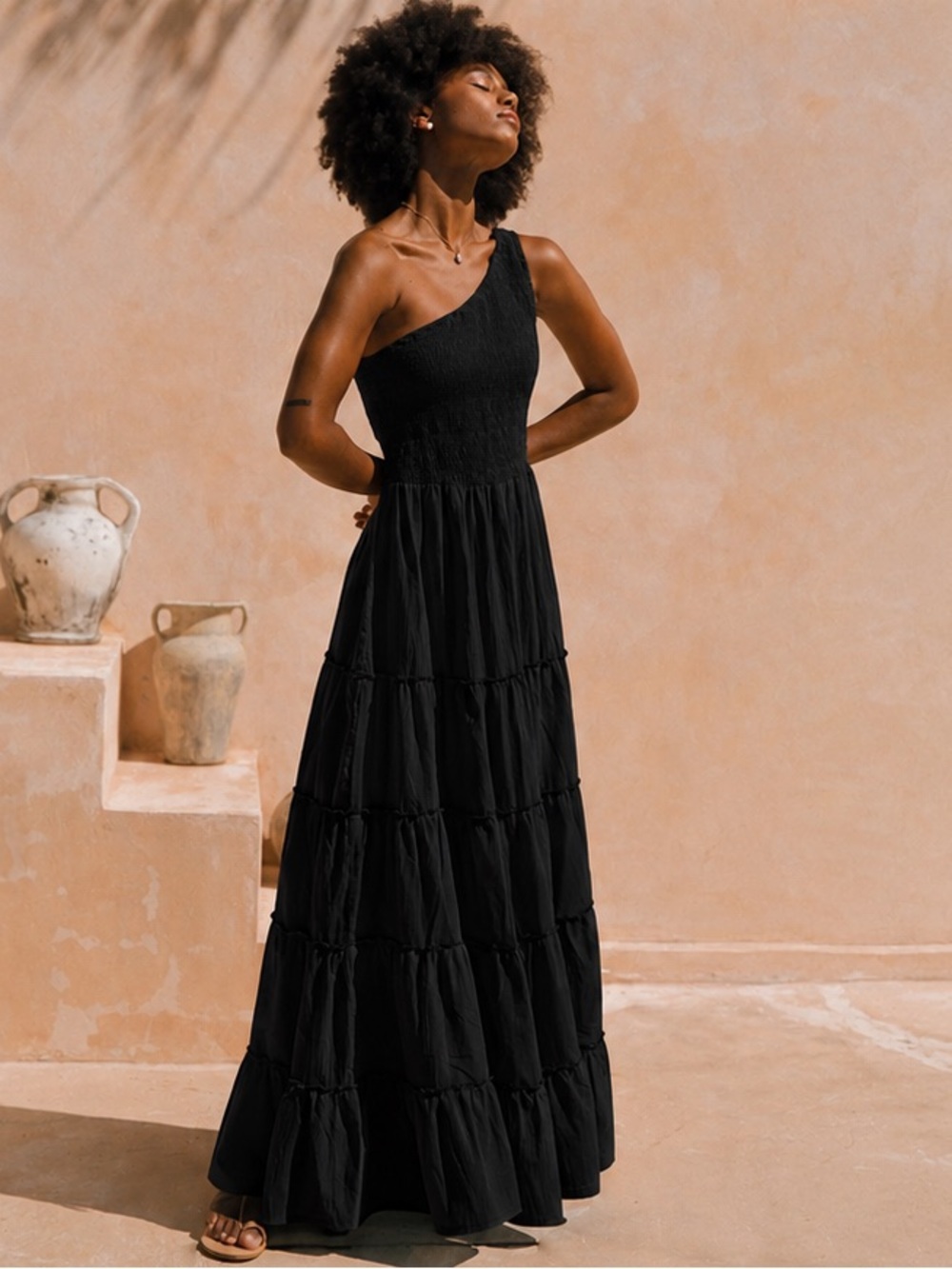 Phie Black One Shoulder Smocked Tiered Maxi Dress Boho Beach Vacation small
